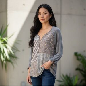 Anthropologie TINY Gray and Gold Patchwork Women's Top